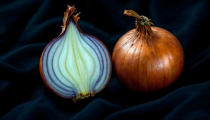 Fresh brown onions, one whole and one cut in half, showcasing their layers and vibrant color. Ideal for culinary themes, healthy cooking, and food photography