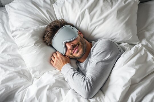 Relaxed man lying in bed wearing a gray sleep mask, surrounded by soft white pillows and a cozy blanket. Concept of comfort and rest. Ai generative
