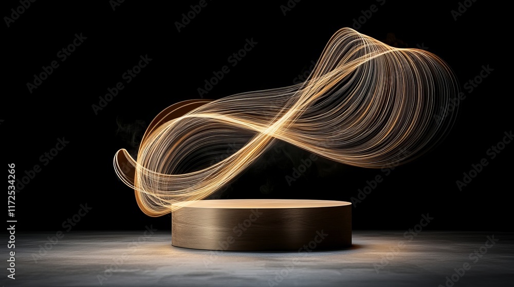 Aufkleber golden light trails dance above a circular wooden platform in a dark environment creating a mystical