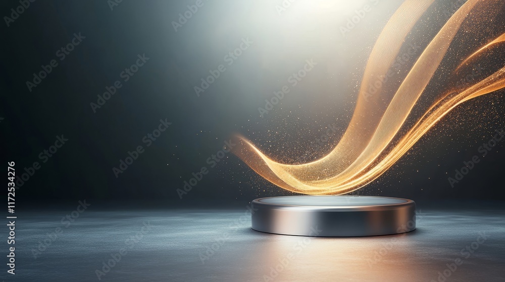 Poster Elegant display pedestal with dynamic light trails and sparkles creating a captivating atmosphere for product presentations or creative visual projects.