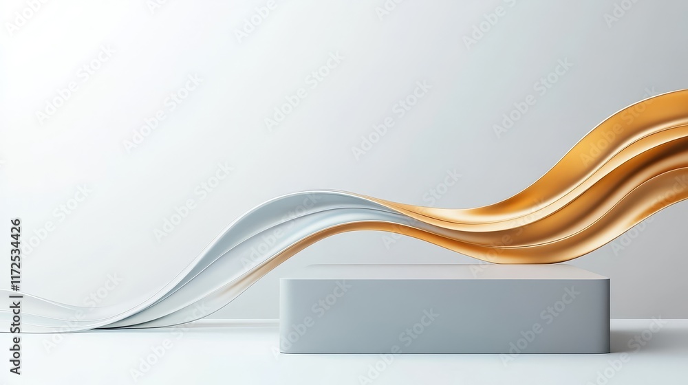 Poster abstract fluid waves in gold and white swirling over a minimalist display surface, perfect for backg
