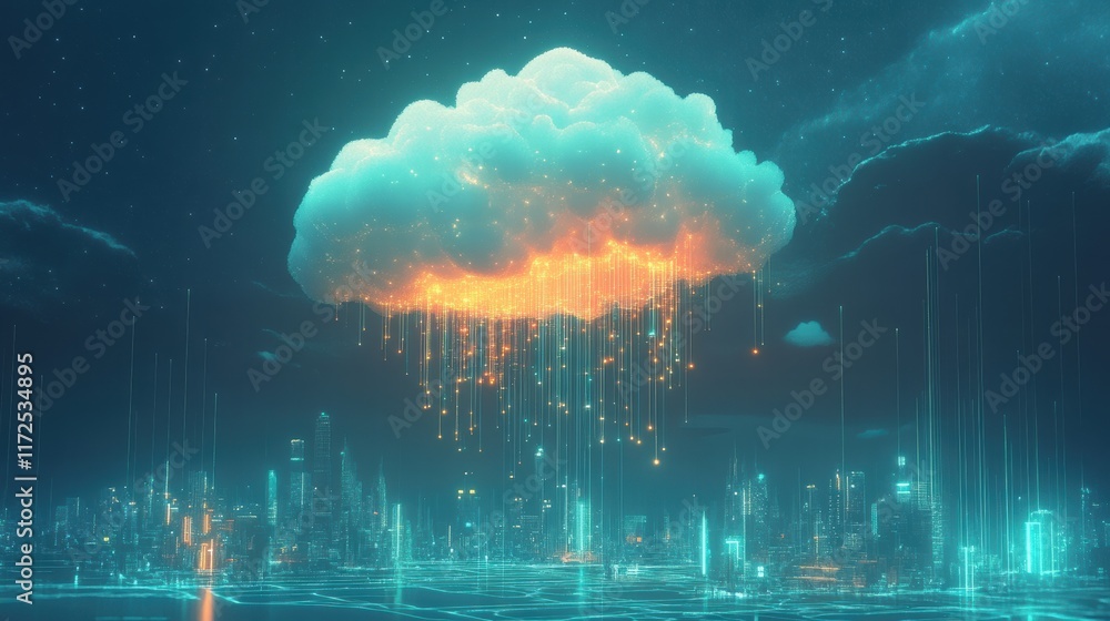 Poster futuristic cityscape illuminated by a glowing cloud data network: digital transformation and technol