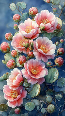 Delicate pink prickly pear cactus blossoms in full bloom against a deep blue background.