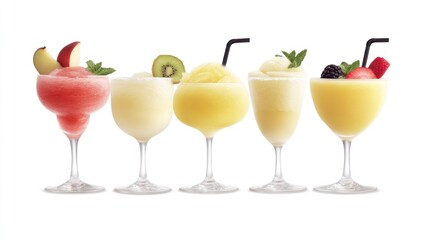 A colorful array of frozen cocktails in elegant glasses.
