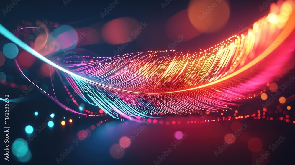 Poster feather abstract background idea. a vibrant, colorful feather design with abstract light patterns an