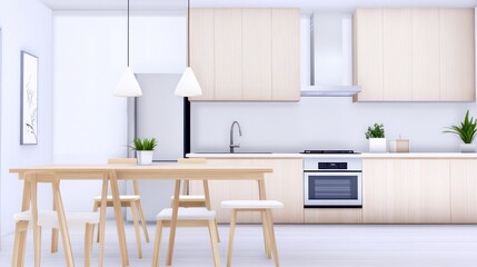 Fototapeta premium Modern kitchen with light wood finishes and dining area.