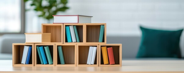 Storage utility optimization concept. Books arranged creatively in wooden boxes, set against a modern, minimalistic background.