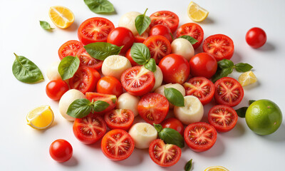 Top-down photograph of sliced tomatoes and mozzarella arranged in a spiral, fresh green basil leaves adding texture, set against