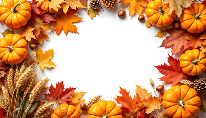 Autumn-themed frame featuring pumpkins, colorful leaves, and wheat, creating a warm and inviting atmosphere. Perfect for seasonal decorations, Thanksgiving, and fall celebrations