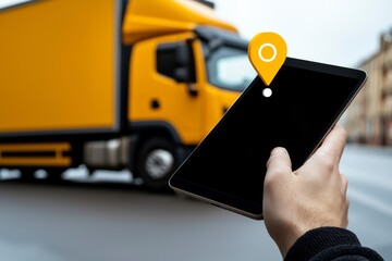 Hand holding tablet device with GPS location marker in front of a yellow delivery truck on a city street, symbolizing transport logistics and tracking services.