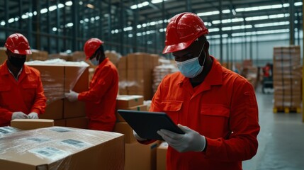 Warehouse Workers in Red Uniforms Collaborate on Inventory Management Using Digital Tablet in Modern Distribution Center Amidst Cardboard Boxes