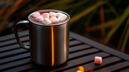 Hot chocolate with marshmallows in a metal mug outdoors near a fire.