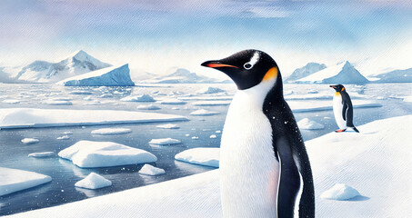 Obraz premium watercolor landscape of penguins in Antarctica