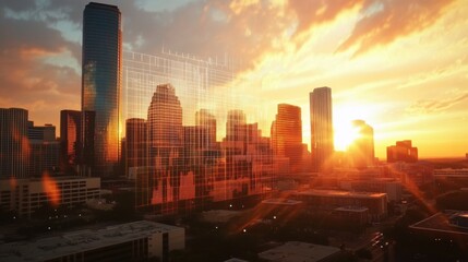 Fototapeta premium Golden Hour Skyline: A Stunning Sunset over Houston's Cityscape with Futuristic Overlay