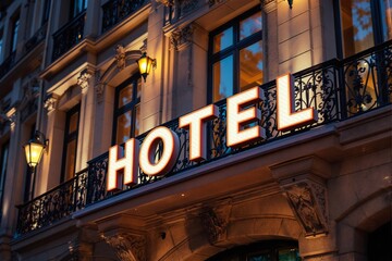 Illuminated hotel signboard on a sophisticated building facade with intricate details, glowing warmly under evening lights, showcasing luxury accommodation. Ai generative