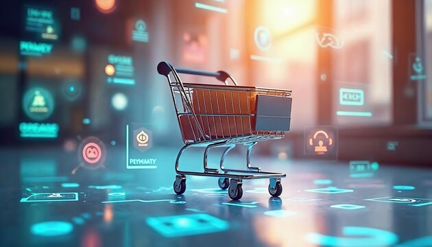 Digital Shopping Cart: A futuristic shopping cart stands on a digital floor, surrounded by glowing icons.