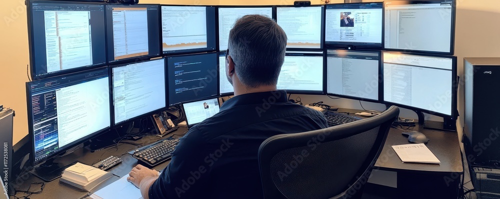 Poster corporate fraud investigation team analyzing data on multiple screens