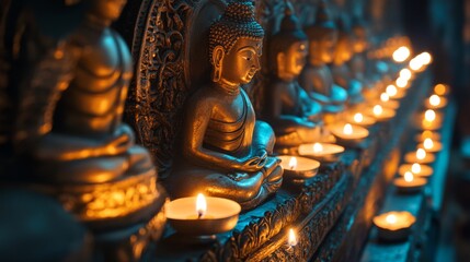 Fototapeta premium Intricate Carvings of Buddha on Temple Walls Illuminated by Light
