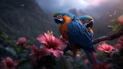 Obraz premium Stunning Blue and Gold Macaws Perched on Hibiscus Branch