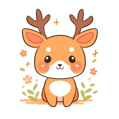 Fototapeta premium A cute, cartoon-style deer with antlers and a cheerful expression, surrounded by flowers and greenery, conveying a sense of playfulness and nature.