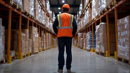 Warehouse Worker in Safety Vest Contemplating Inventory Management in Storage Space Surrounded by High Shelves and Cardboard Boxes Under Bright Industrial Lighting