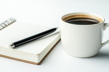 Warm coffee cup beside blank notebook and pen, inviting creativi