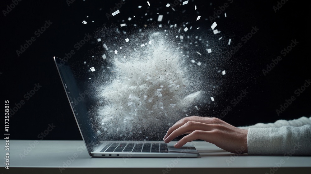 Poster hands typing on laptop with creative explosion of particles over keyboard representing innovation, t