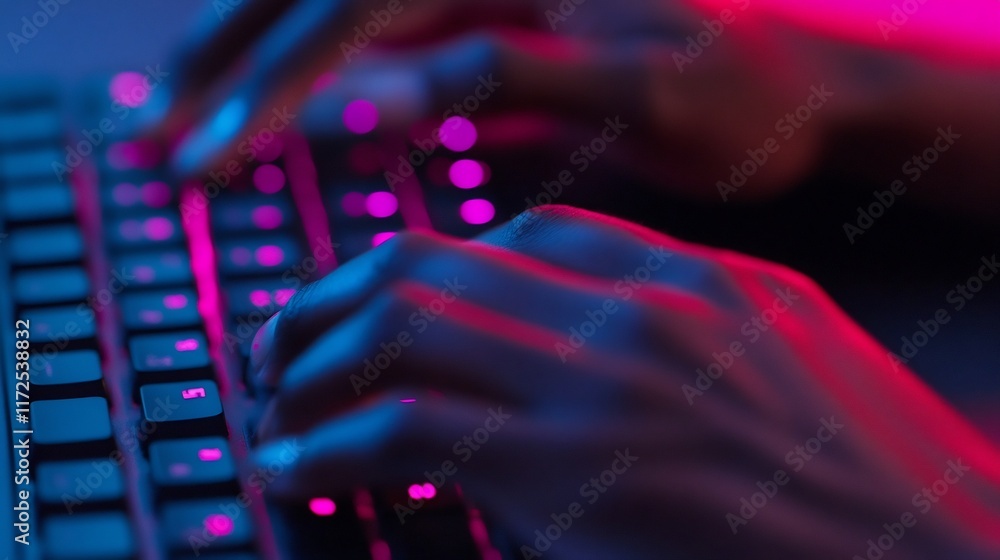 Poster hands typing on sleek black keyboard representing productivity and digital work