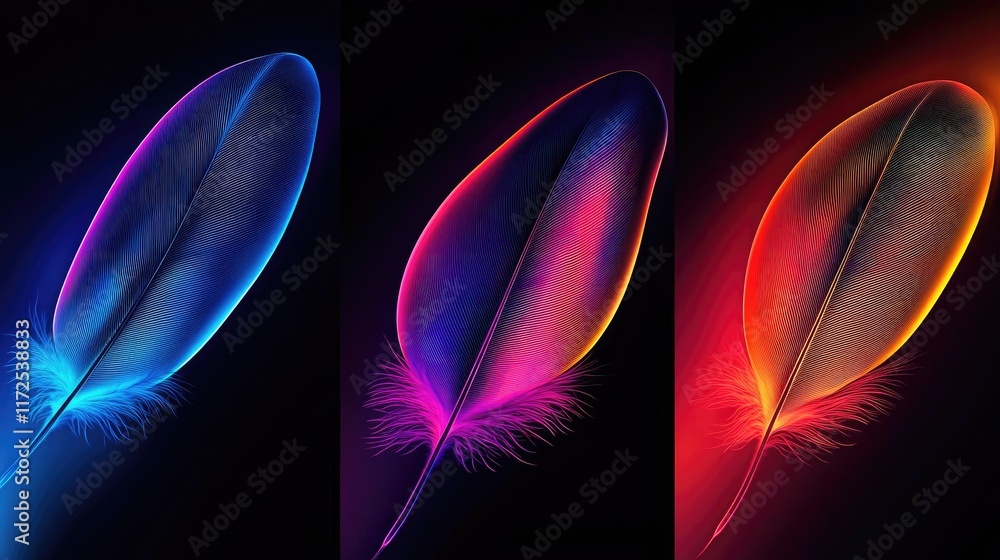 Poster feather abstract background idea. vibrant feather designs displaying colorful gradients and smooth t