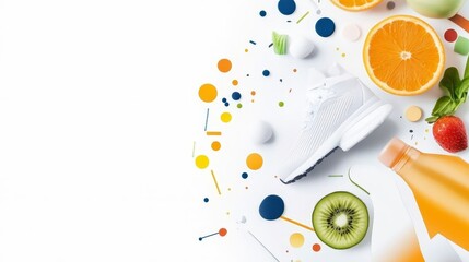 Fresh Lifestyle and Active Living Concept Featuring Bright Fruits, Refreshing Beverage, Sport Shoes, and Colorful Elements Representing Health and Fitness