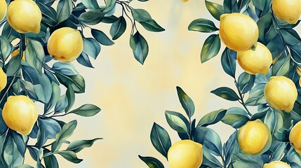 Watercolor lemons and limes interwoven with bright green foliage, set on a gradient cream and yellow backdrop, seamless design with vivid and refreshing tones, hd quality. --ar 16:9 --sref https://s.