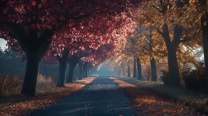 Sunlit autumn road lined with colorful trees, mist.
