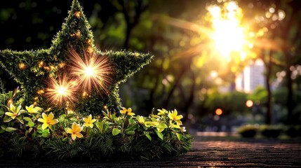 Lush Green Star Crafted From Nature Surrounded by Bright Yellow Flowers in Sunlit Park Setting with Soft Lens Flare Creating a Magical Atmosphere