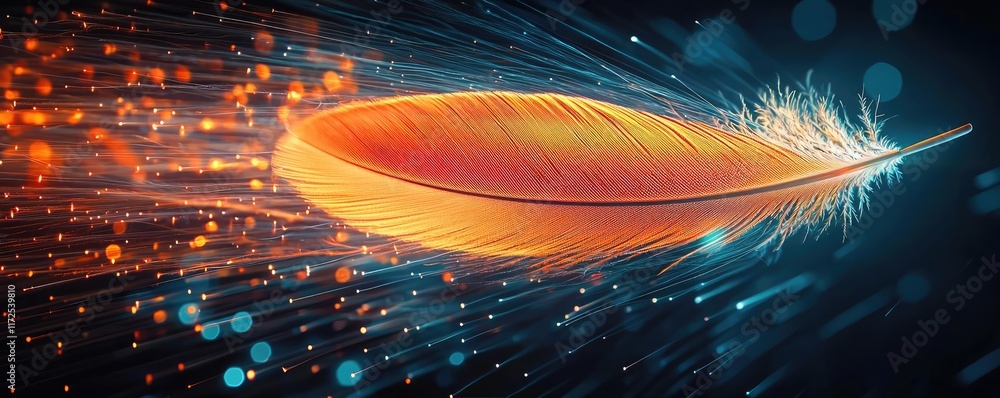 Poster feather abstract background idea. a vibrant feather with sparkling trails on a dark background symbo