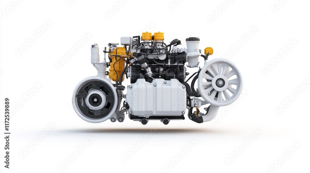 Poster detailed view of a modern engine with yellow accents, showcasing intricate components and design for