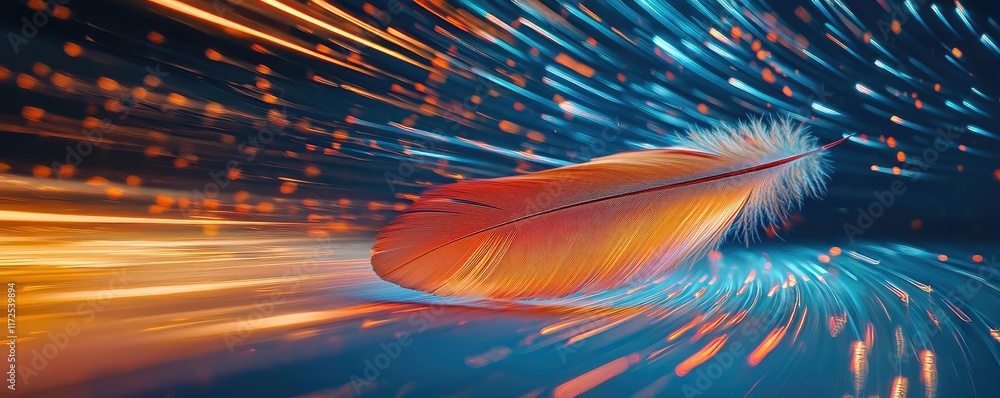 Poster feather abstract background idea. a vibrant feather blends with fast-moving colorful streams of ligh