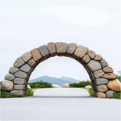 Fototapeta premium Stone archway leading to scenic mountain view, white isolate background.