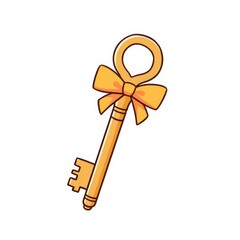 A whimsical illustration of a golden key adorned with a bright orange bow, symbolizing access, secrets, or special occasions.