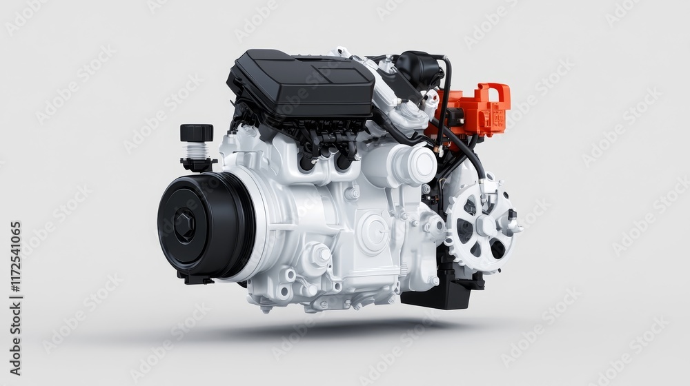 Poster high-quality engine model rendered in 3d isolated on a light background, featuring detailed componen