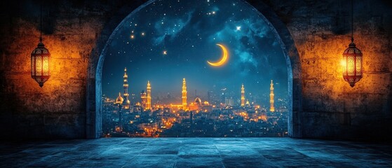 Night cityscape view through an archway with illuminated lanterns and crescent moon.