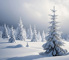 Fototapeta premium Winter panorama landscape with a snow-covered forest and trees at sunrise. A winter morning marking the beginning of a new day. Winter landscape with sunset, panoramic view