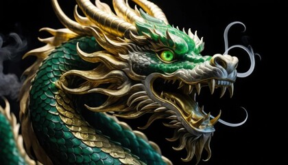 Majestic Green and Gold Dragon Sculpture against Black Background.generative ai