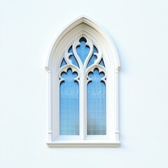Gothic style window with intricate designs on a white isolated background.