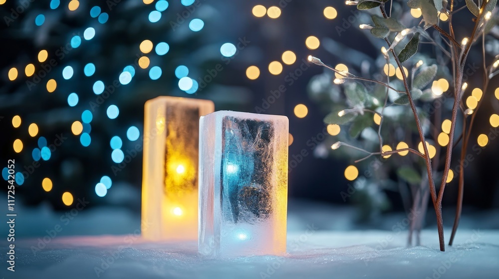 Poster captivating winter evening scene featuring ice blocks illuminated by colorful lights in a softly sno