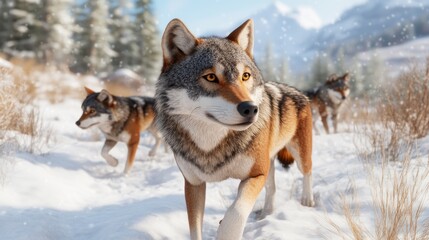 Naklejka premium Three wolves walking in a snowy landscape with mountains in the background.