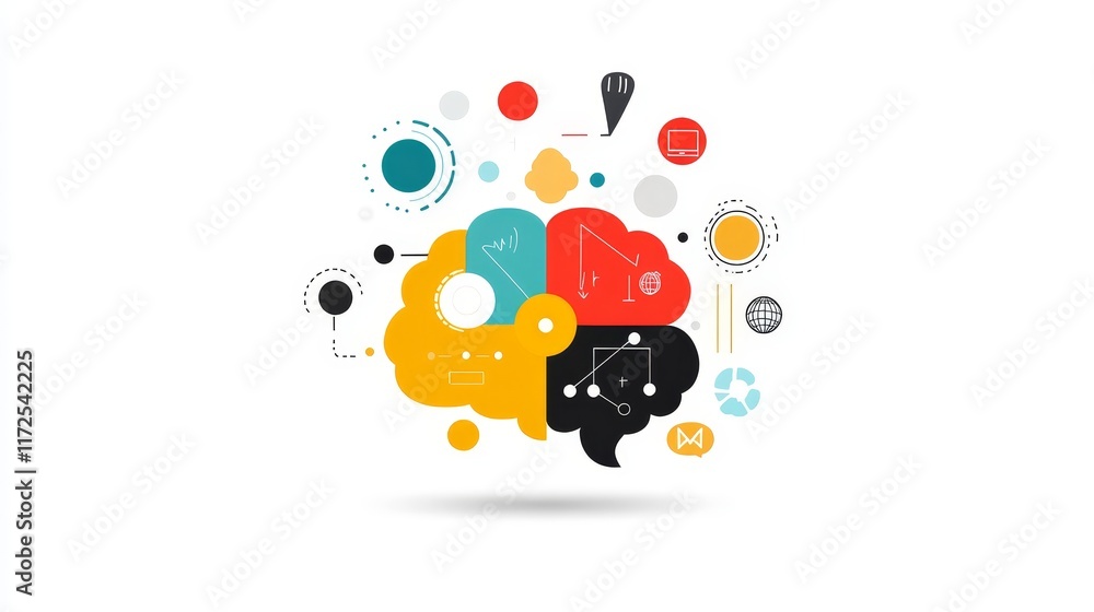 Poster abstract illustration representing the fusion of creativity and technology with colorful shapes, sym