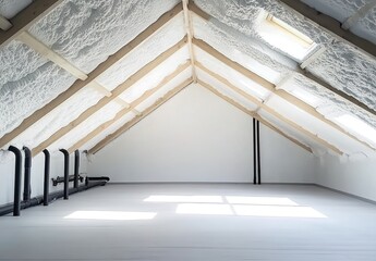 A photograph of an attic with polystyrene foam pouring from the roof, white and wooden beams visible, an empty room without furniture, white walls, no windows, a small air conditioner on the wall,