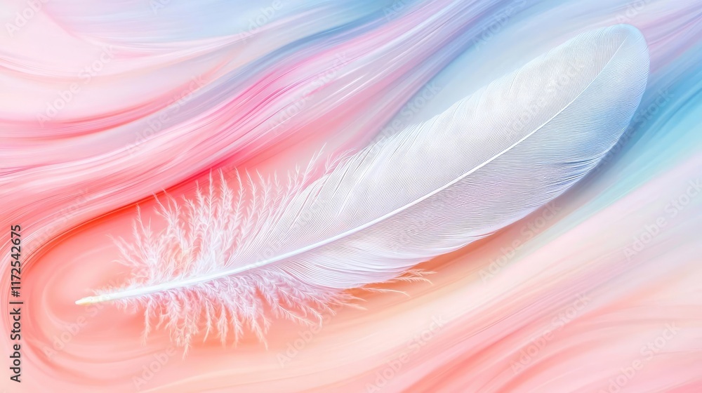 Poster feather abstract background idea. elegant white feather on a soft colorful abstract background.