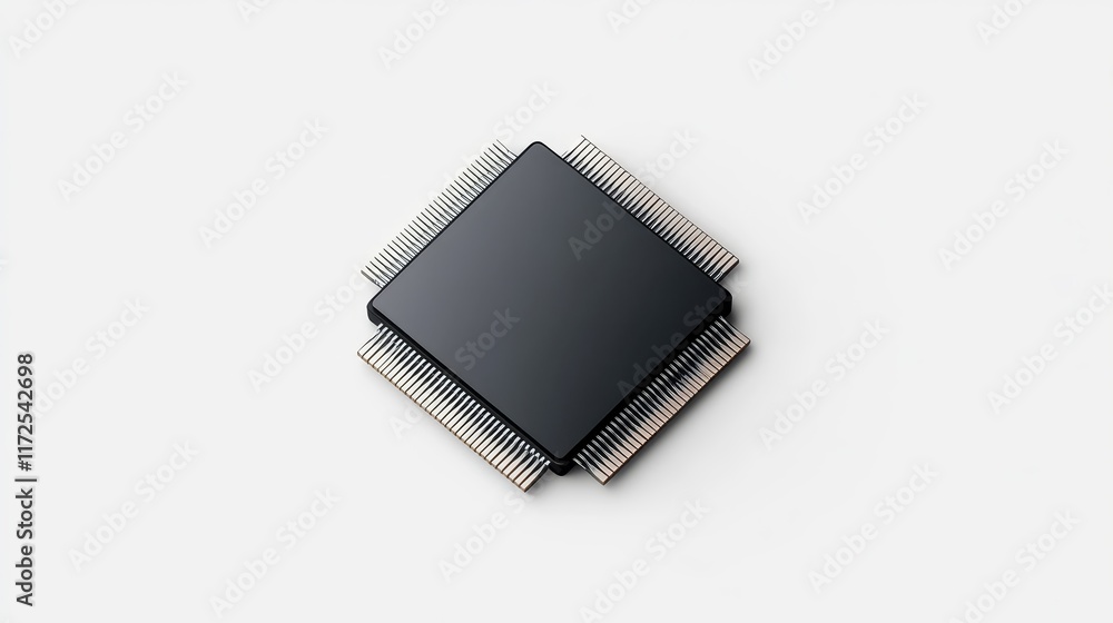 Poster high-resolution image of a black microprocessor chip with metal pins on a light background, ideal fo