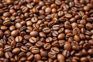 Fototapeta premium Close-up image of roasted coffee beans, showcasing texture and details, in natural brown tones, on a seamless background. Concept of aroma. Ai generative